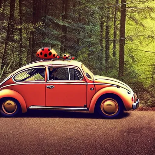 Image similar to promotional scifi - mystery movie scene of a real ladybug that is a hybrid with a ( volkswagen beatle ) hybrid that's more ladybug, racing down a dusty back - road in smokey mountains tennessee. cinematic, 4 k, imax, 7 0 mm, teal autochrome, hdr