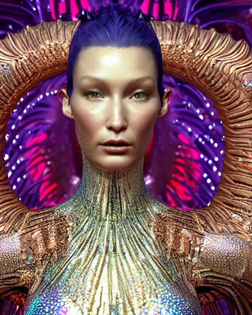 Image similar to a highly detailed metahuman 4 k close up render of an alien goddess bella hadid monument devil in iris van herpen dress schiaparelli in diamonds crystals swarovski and jewelry iridescent in style of alphonse mucha gustav klimt trending on artstation made in unreal engine 4