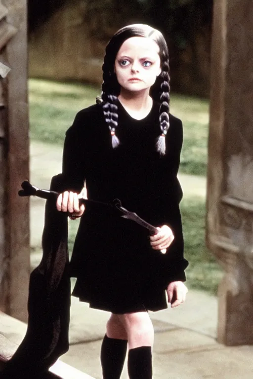 Prompt: Young Jodie Foster as Wednesday in The Addams Family movie 1991, iconic black dress, color