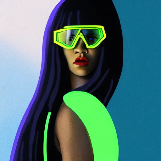 Image similar to Rihanna wearing opaque reflective goggles profile picture by Greg Rutkowski, green Bob wig, asymmetrical, futuristic, volumetric lights, streetwear, studio ghibli, Organic Painting , Matte Painting, geometric shapes, hard edges, trending on the artstation, fantasy LUT, realistic by Sachin Teng + Martin Grip + Moebius + Patrick Gleason, smooth, sharp focus, illustration, art by John Collier and Albert Aublet and Krenz Cushart and Artem Demura and Alphonse Mucha, techwear, Industrial Scifi, detailed illustration, character portrait,