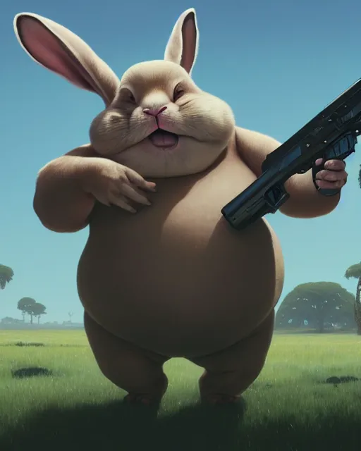 Image similar to highly detailed surreal vfx portrait of a cute, happy big chungus, shooting two mac - 1 0 s, stephen bliss, unreal engine, greg rutkowski, loish, rhads, beeple, makoto shinkai and lois van baarle, ilya kuvshinov, rossdraws, tom bagshaw, alphonse mucha, global illumination, detailed and intricate environment