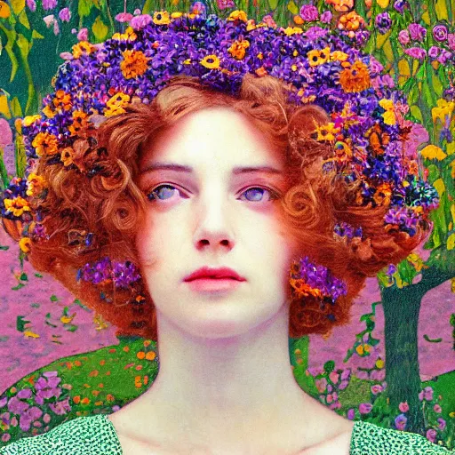 Image similar to a lot of flowers morphing in a beautiful girls face, film still by wes anderson, depicted by klimt, limited color palette, very intricate, art nouveau, highly detailed, lights by hopper, soft pastel colors, minimalist