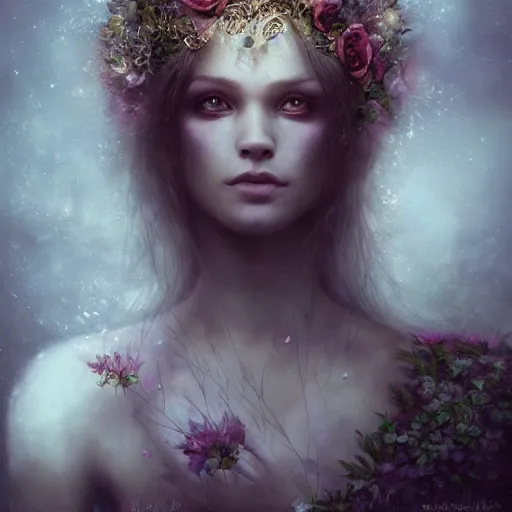 Image similar to a gorgeous flower princess portrait by Seb McKinnon, artgerm , v-ray render, ultra realistic, mystical, ominous, cgsociety