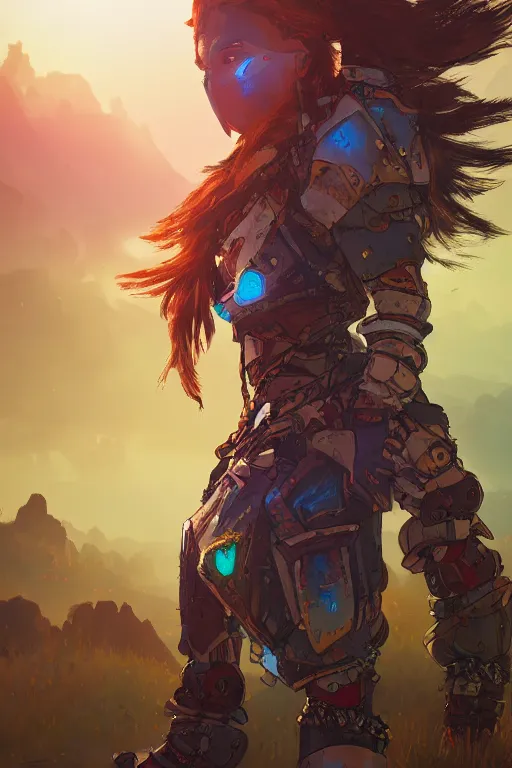 Image similar to combination suit armor aloy horizon forbidden west horizon zero dawn radiating a glowing aura global illumination ray tracing hdr fanart arstation by ian pesty and alena aenami artworks in 4 k tribal robot ninja mask helmet backpack