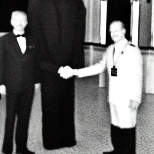 Prompt: classified photograph of erik helwig shaking hands with extremely tall alien, film grain, specular highlights, 3 5 mm lens, government archive photograph