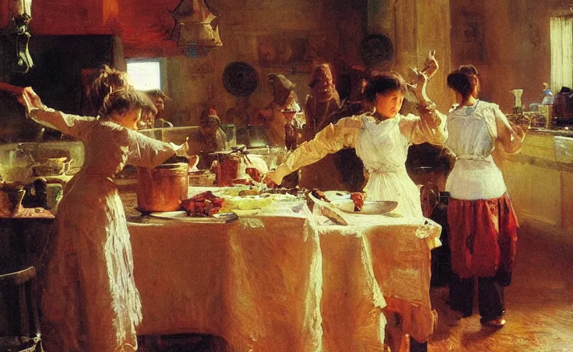 Image similar to high quality high detail painting by ilya repin, monster cooking in the kitchen, hd