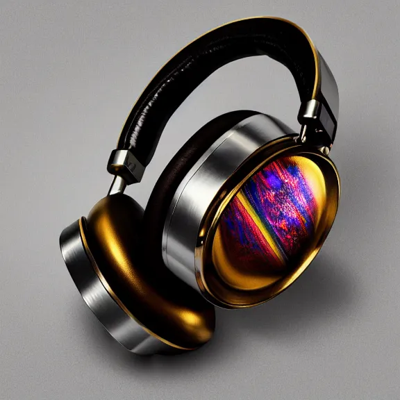 Image similar to masterpiece photo of beautiful crafted artistic bismuth metal headphones, bismuth rainbow metal, bismuth cups, leather padding, displayed on mahogany desk, modernist headphones, bismuth headphones beautiful well designed, hyperrealistic, audiophile, intricate hyper detail, extreme high quality, photographic, meze audio, sennheiser, hifiman, artstation