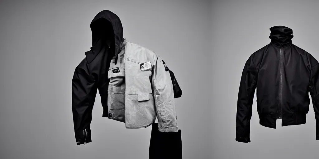 Prompt: photo of a designer menswear jacket designed by Virgil Abloh inspired by dutch police jackets, 4k, studio lighting, canon eos 6d, ƒ/8