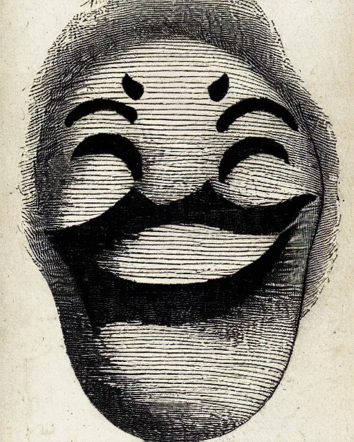 Image similar to illustration of emoji from the dictionarre infernal, etching by louis le breton, 1 8 6 9, 1 2 0 0 dpi scan