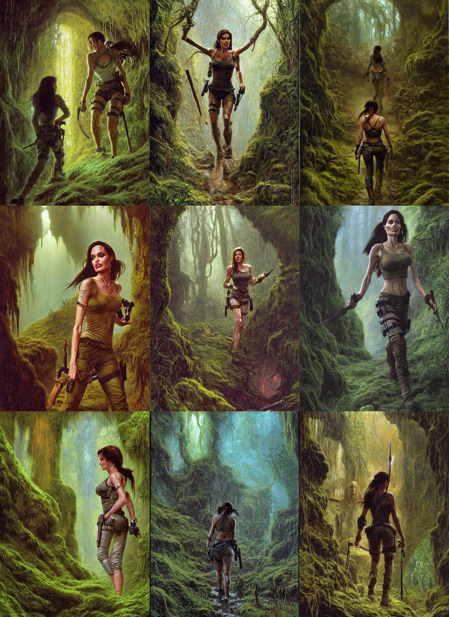 Prompt: close portrait of angelina jolie as a very muscled tomb raider walking through damp mossy ruins, bright colors, biotechnology, cave glowing stones, epic composition, donato giancola, tim hildebrandt, wayne barlow, bruce pennington, larry elmore