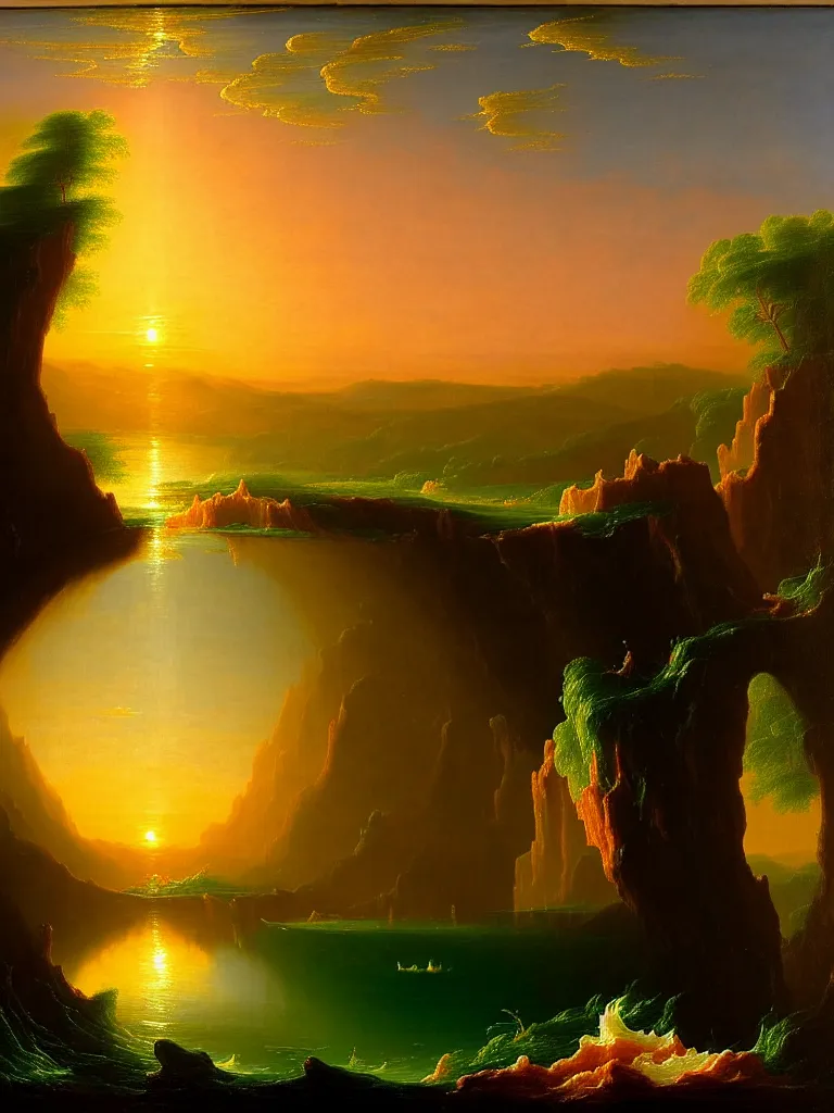 Image similar to a surreal landscape at sunset with a immense gigantic ornated iron chalice cup with a lake inside, water in excess droping by thomas cole