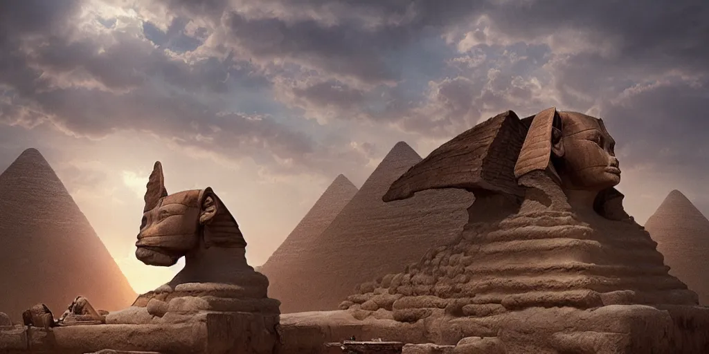 Image similar to never ending story sphinx, greg rutkowski, 8 k, shallow depth of field, moody lighting, golden hour, ultra high detail, concept art,