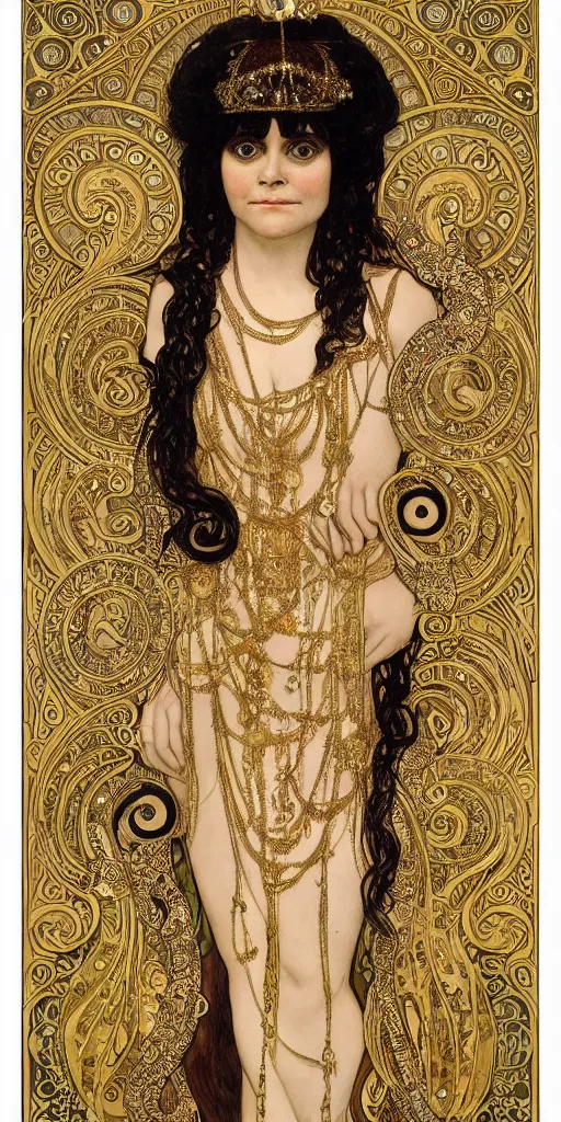 Image similar to realistic detailed dramatic Art Nouveau portrait of Theda Bara as Cleopatra wearing an elaborate jeweled gown by Alphonse Mucha and Gustav Klimt, gilded details, intricate spirals, coiled realistic serpents, Neo-Gothic, gothic, ornate medieval religious icon, long dark flowing hair