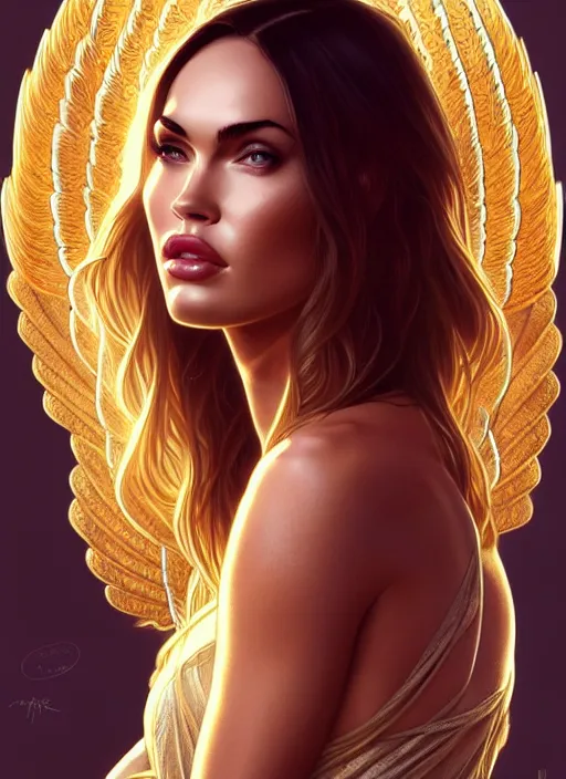 Image similar to portrait of megan fox as an blonde angel, wings, bible, corona, gold, jewelry, intricate, headshot, highly detailed, digital painting, artstation, concept art, sharp focus, cinematic lighting, illustration, art by artgerm and greg rutkowski, alphonse mucha, cgsociety