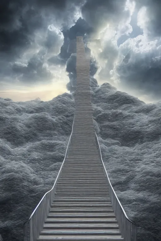 Prompt: infinite stairs rising to the heaven in the middle of the sky, concept art, octane render, unreal engine 5, digital painting, hyperrealistic, highly detailed, high quality, 8 k hdr, digital art, clouds in the sky, breathtaking view, path traced, god, godrays, beautiful, elegant, harmonious, complementary colors, natural lighting