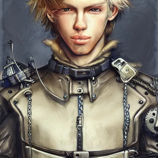 Image similar to portrait of a man by ayami kojima, norwegian, he is about 2 0 years old, blond short hair, tall and strong, older brother vibes, he is wearing a steampunk tactical gear, highly detailed portrait, digital painting, artstation, concept art, smooth, sharp foccus ilustration, artstation hq