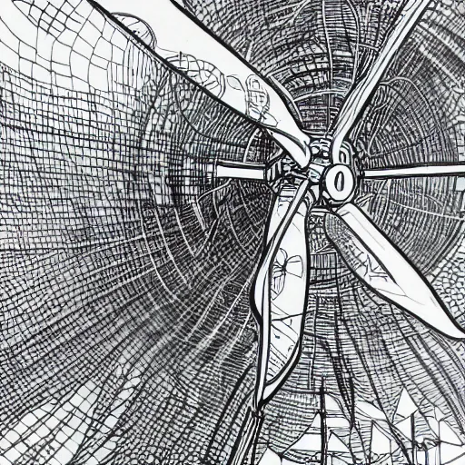 Prompt: hyper detailed comic illustration of a wind turbine blueprint, black ball pen on white paper, by Josan Gonzalez and Geof Darrow, simplistic