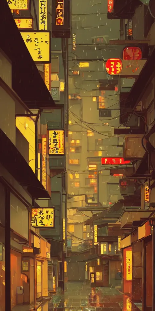 Image similar to tokyo alleyway, rainy day, arcade, by cory loftis, makoto shinkai, hasui kawase, james gilleard, beautiful, serene, peaceful, lonely, golden curve composition