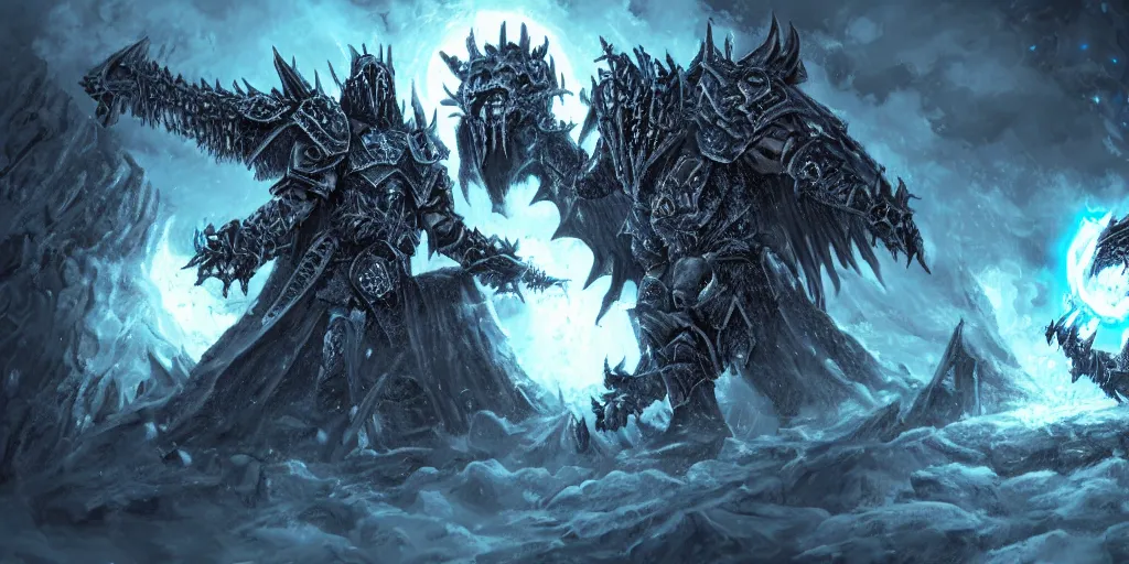 Prompt: an epic battle between the lich king and deathwing from world of warcraft, view of the field that they are fighting on trending on artstation