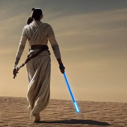 Image similar to rear view of Rey from Star Wars walking along the dunes on Jakku.