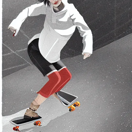 Prompt: lady skateboarding, high detail, illustration by uijung kim