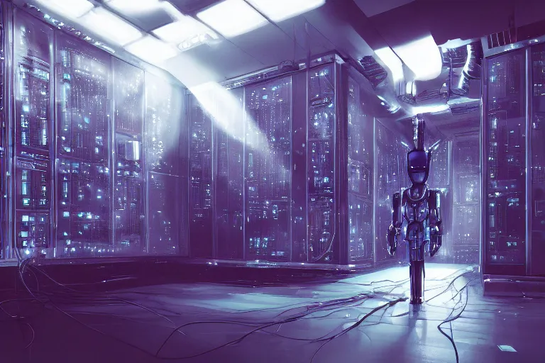 Image similar to extremely detailed cinematic movie still 3 0 7 7 portrait shot of a robot in an endless data centre by denis villeneuve, wayne barlowe, simon birch, philippe druillet, beeple, foggy, volumetric sunlight from small windows