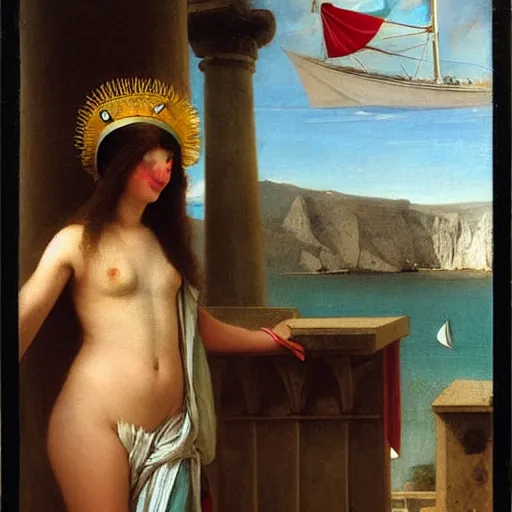 Prompt: A girl with jester hat and clothes on a greek circle archi on the front of a Balustrade with a beach and a sail boat on the background, major arcana cards, by paul delaroche and arnold böcklin hyperrealistic 8k, very detailed