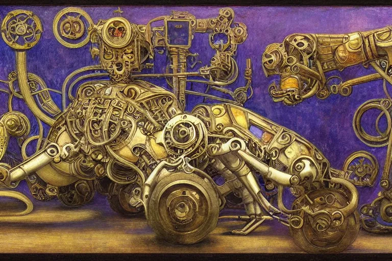 Prompt: ornate mechanical robot rat, by annie swynnerton and diego rivera and elihu vedder, symbolist, dramatic lighting, elaborate geometric ornament, art brut, soft cool colors, smooth, sharp focus, extremely detailed, adolf wolfli and ( donato giancola )