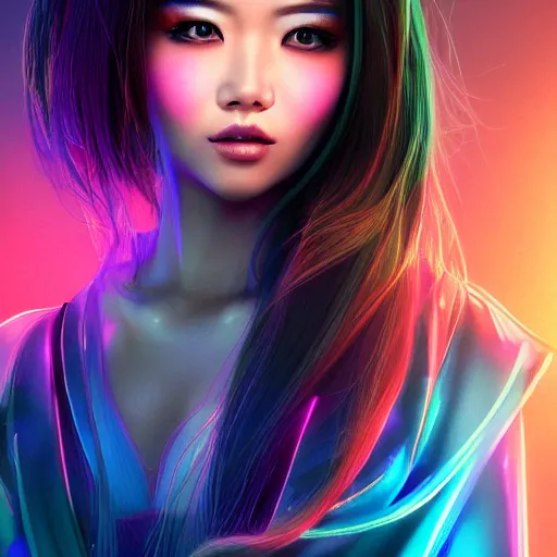 Prompt: a portrait of a full body beautiful futuristic asian girl, wearing kimono, young with long hair, neon bioluminescence, horror scene, hyper - realistic, very detailed, intricate, very sexy pose, slight smile expression, unreal engine, by artgerm, wlop and ross thran, dramatic cinematic lighting rendered by octane, 8 k, detailed