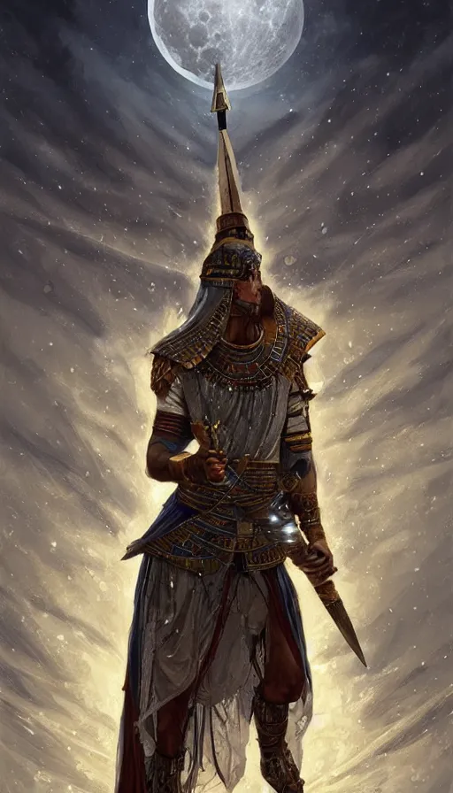 Prompt: egyptian warrior in a winter night, shaman clothing, ritual, moon beams, fame of thrones, fibonacci, sweat drops, insane, intricate, highly detailed, surrealistic, digital painting, artstation, concept art, smooth, sharp focus, illustration, unreal engine 5, 8 k, art by artgerm and greg rutkowski and alphonse mucha