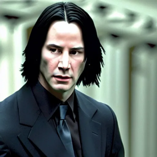 Image similar to Film Still of a Young Keanu Reeves playing a Young Severus Snape in Harry Potter, Film Still, realistic, hyperrealistic, very realistic, very very realistic, highly detailed, very detailed, extremely detailed, detailed, detailed face, very detailed face, very detailed face, realism, HD Quality, 8k resolution, intricate details, body and head in frame, Real Life