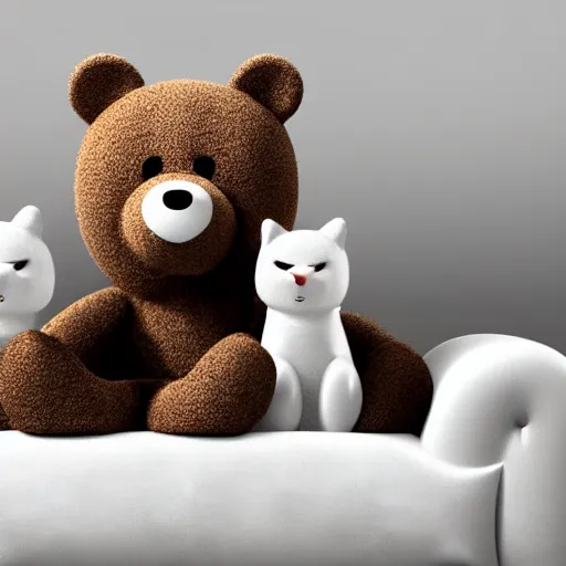 Prompt: loving cartoon bear and cartoon cat sitting in couch, cgi render