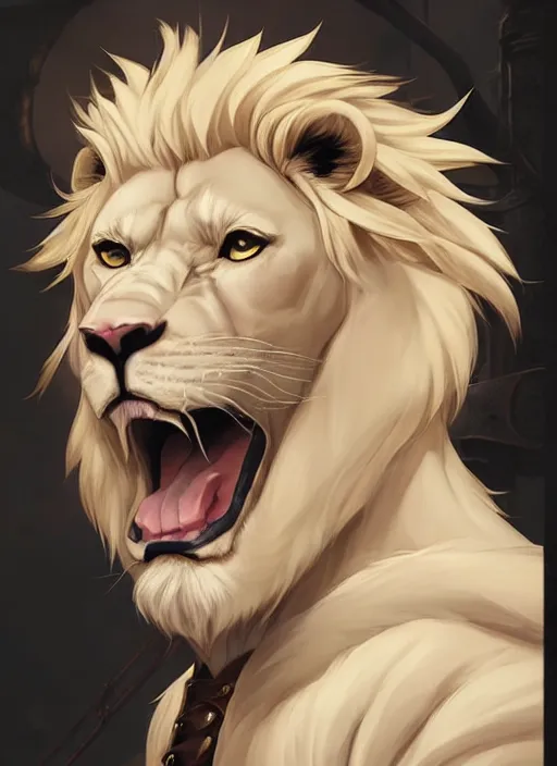 Prompt: aesthetic portrait commission of a of a male fully furry muscular anthro albino lion on a pirates ship wearing an attractive pirates suit with a tail and a beautiful attractive hyperdetailed face at golden hour. Character design by charlie bowater, ross tran, artgerm, and makoto shinkai, detailed, inked, western comic book art, 2021 award winning film poster painting