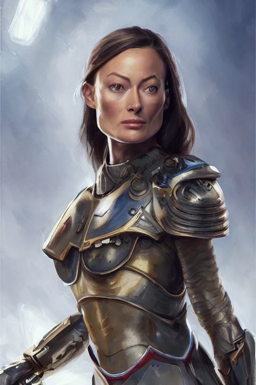 Image similar to a professional painting of a young Olivia Wilde, clothes in military armor, olive skin, long dark hair, beautiful bone structure, symmetrical facial features, intricate, elegant, digital painting, concept art, smooth, sharp focus, illustration, from StarCraft by Ruan Jia and Mandy Jurgens and Artgerm and William-Adolphe Bouguerea