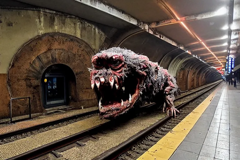 Image similar to very large giant mutant zombie irradiated ( angry rat ) staying on railways in tonnel of moscow subway. tonnel, railways, giant angry rat, furr, fangs, very realistic. extreme long shot, rusty colors, anish kapoor, ( herman nitsch, giger ).