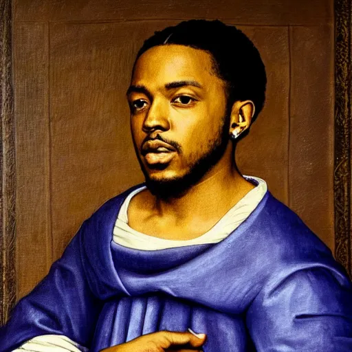 Image similar to a renaissance style portrait painting of kendrick lamar