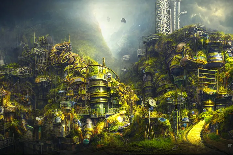 Image similar to sci - fi favela sculpture, fantasy jungle environment, industrial factory, cliffs, sunny, milky way, award winning art, epic dreamlike fantasy landscape, ultra realistic,