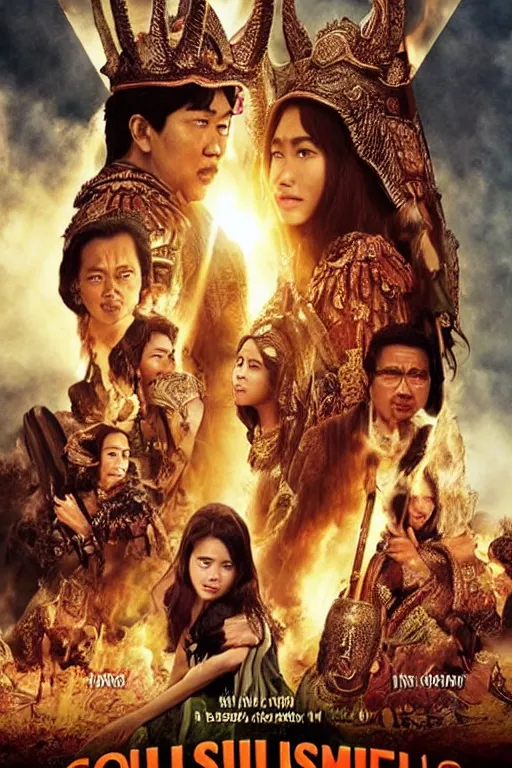 Image similar to movie poster, indonesian kingdom movie, colossal, middle - ages indonesia, ksatria and naga