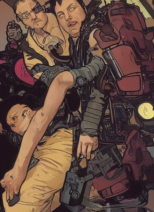 Prompt: cyberpunk paul blart fighting shoplifter. portrait by ashley wood and alphonse mucha and laurie greasley and josan gonzalez and james gurney. spliner cell, apex legends, rb 6 s, hl 2, d & d, cyberpunk 2 0 7 7. realistic face. vivid color. dystopian setting.