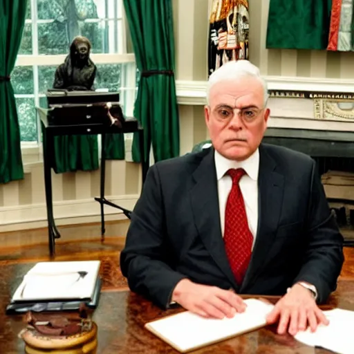 Image similar to president griffith from berserk at his white house oval office desk