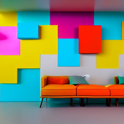 Image similar to : colorful abstract sculpture on the wall in modern architecture cinematic lighting, hyper - realistic, detailed, render by c 4 d octane, unreal engine, 8 k 3 d render