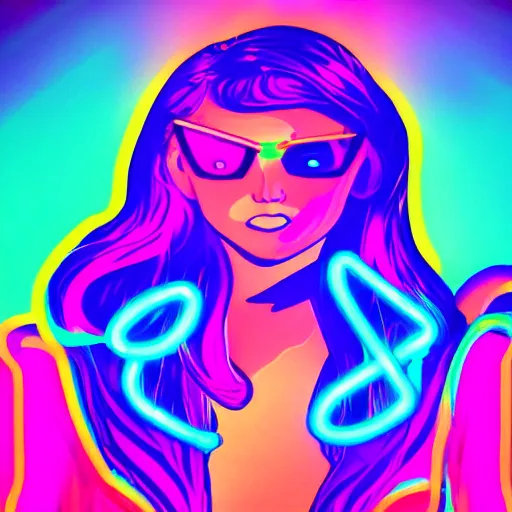 Prompt: a neon head sign of kim petras glowing rainbow neon energy, artstation trending