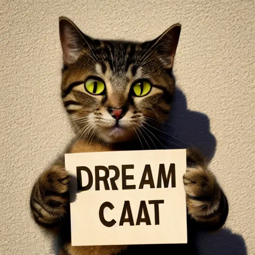 Prompt: realistic high quality photo of a cute cat holding a sign with text that reads : dream, cat, cas, cat