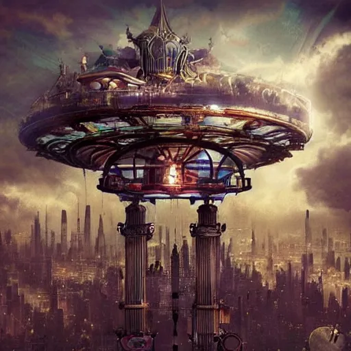 Prompt: flying! city in a mechanical flower, sky!, fantasy art, steampunk, masterpiece