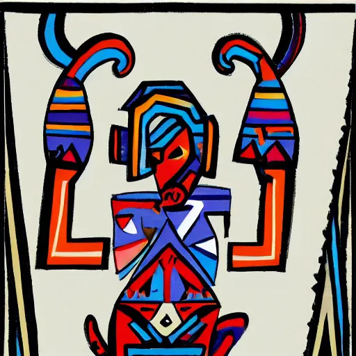 Prompt: Tiefling, Aztec, abstract painting in the style of Sophie Taeuber-Arp and Gary Hume and Tatsuro Kiuchi, flat colour-block style, geometric abstraction, dark colours. Aztec Tiefling