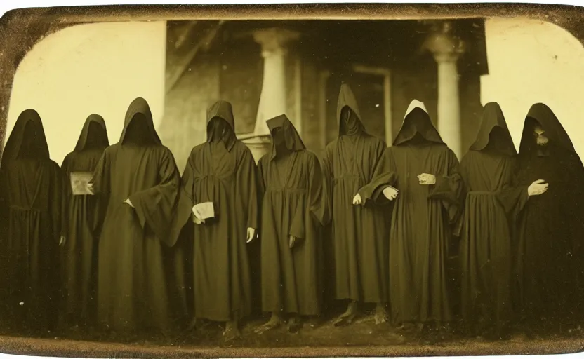 Image similar to a old daguerreotype photo of a group of cultists, wearing robes, with demonic goat face, wearing hoods, on a pilgrimage to hell, grainy, old photo, golden ratio, scary, horror photography, 5 0 mm lens, f 1. 8