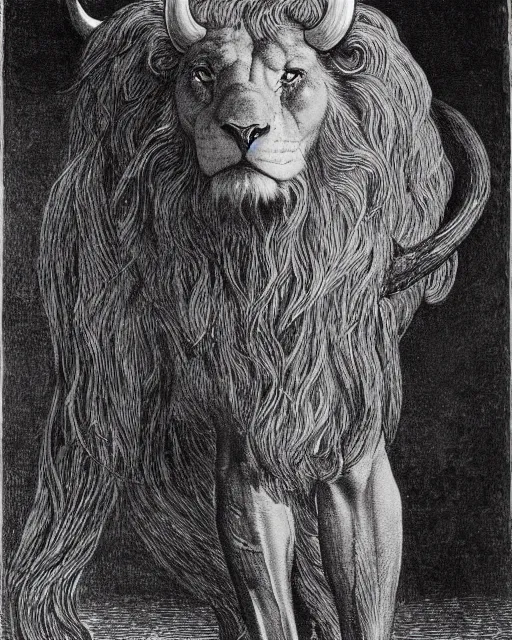 Image similar to a creature with the body and eyes of a man, with the beak of an eagle, the mane of a lion, and the horns of an ox. drawn by jean delville
