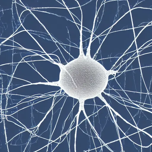 Prompt: Electron photo focused on a plump neuron connected by synapses to a large network of neurons in the background