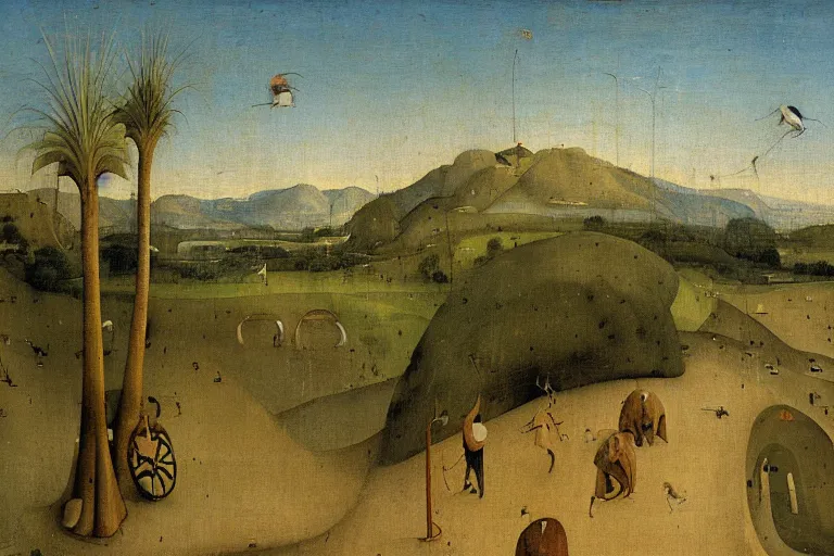 Prompt: southern california landscape palm trees freeway painted by hieronymus bosch