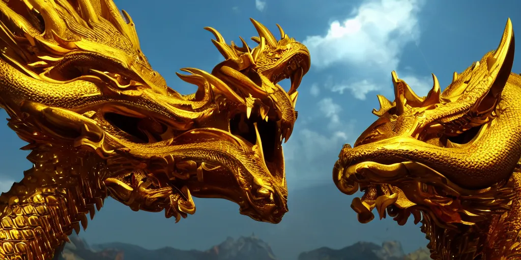 Prompt: golden dragon, unreal 5, hyperrealistic, realistic, photorealistic, dynamic lighting, highly detailed, cinematic landscape, studio landscape, studio lighting